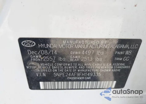2015 Hyundai Sonata Se from USA, damaged, VIN 5NPE24AF9FH149335